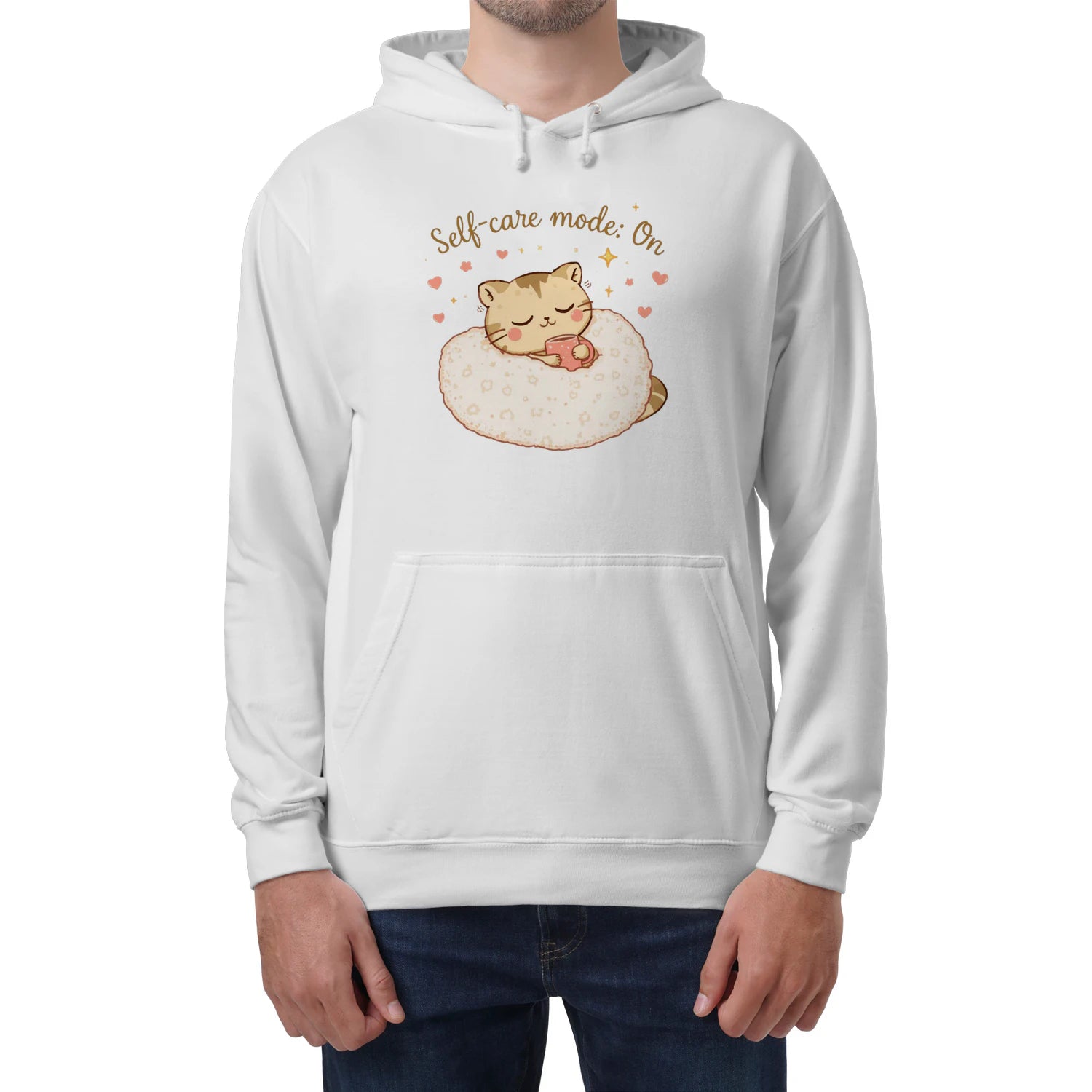 Self-Care Mode On Hoodie – Cute Cat & Coffee Cozy Sweatshirt by Stitrix.