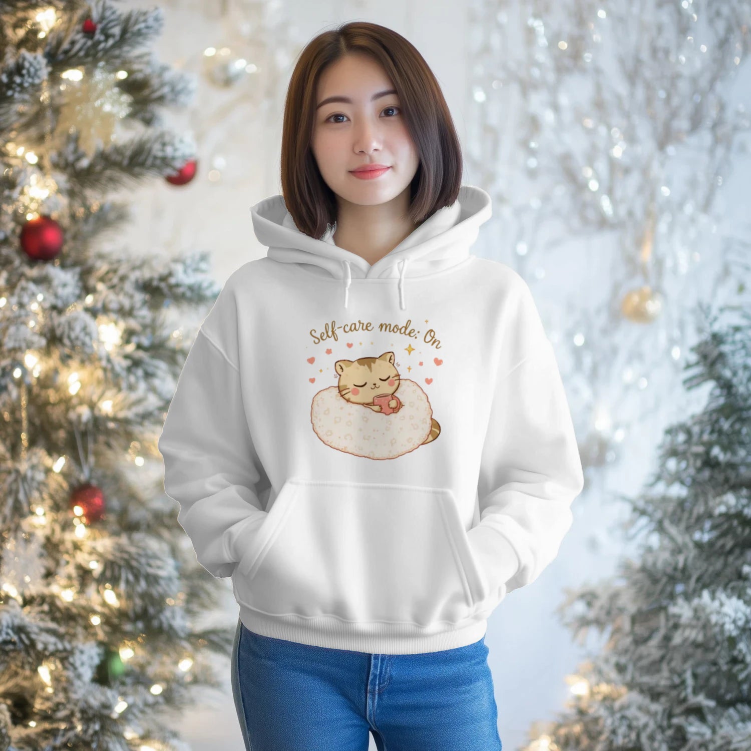 Self-Care Mode On Hoodie – Cute Cat & Coffee Cozy Sweatshirt by Stitrix.