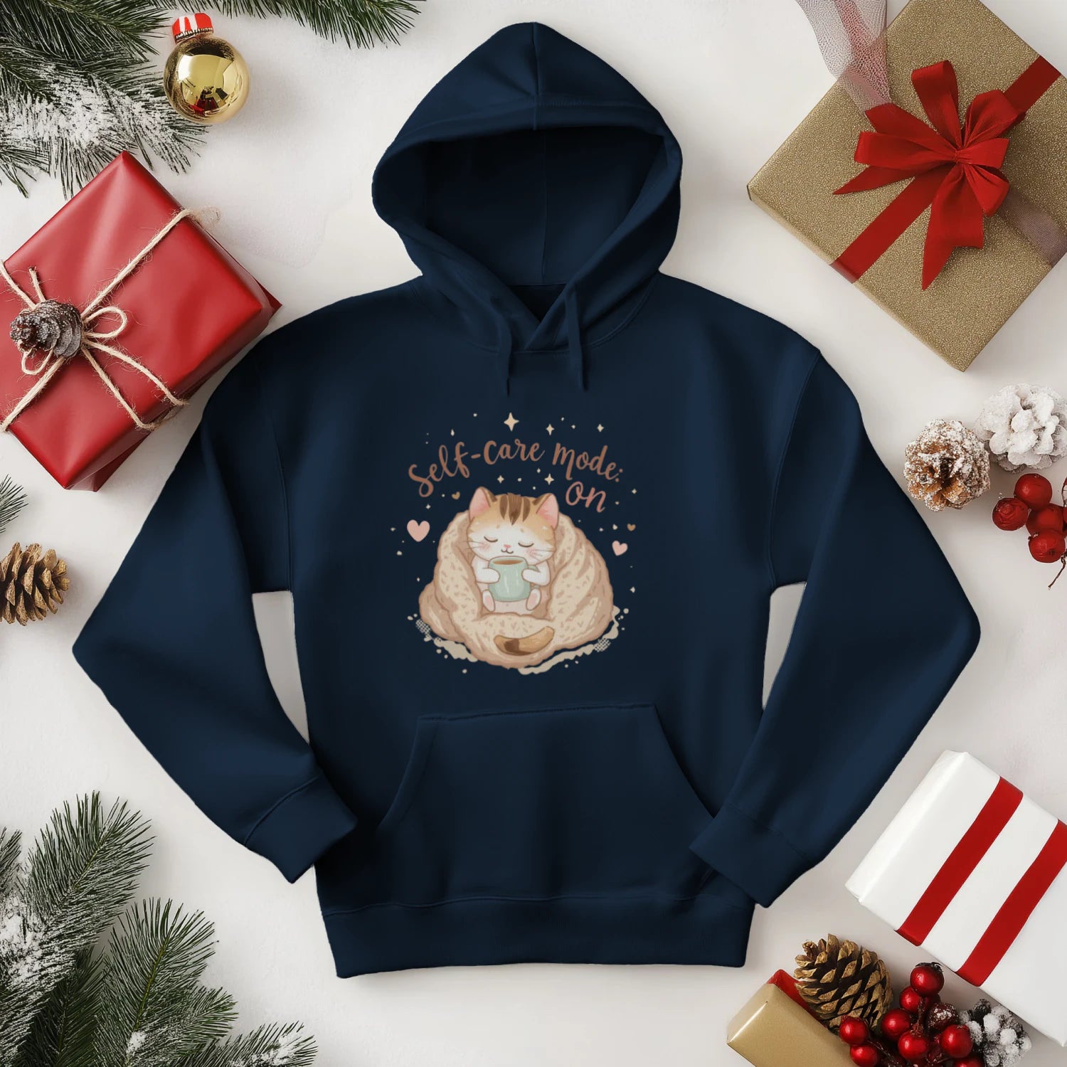 Stitrix Self-Care Hoodie | Cozy Kawaii Cat Illustration.