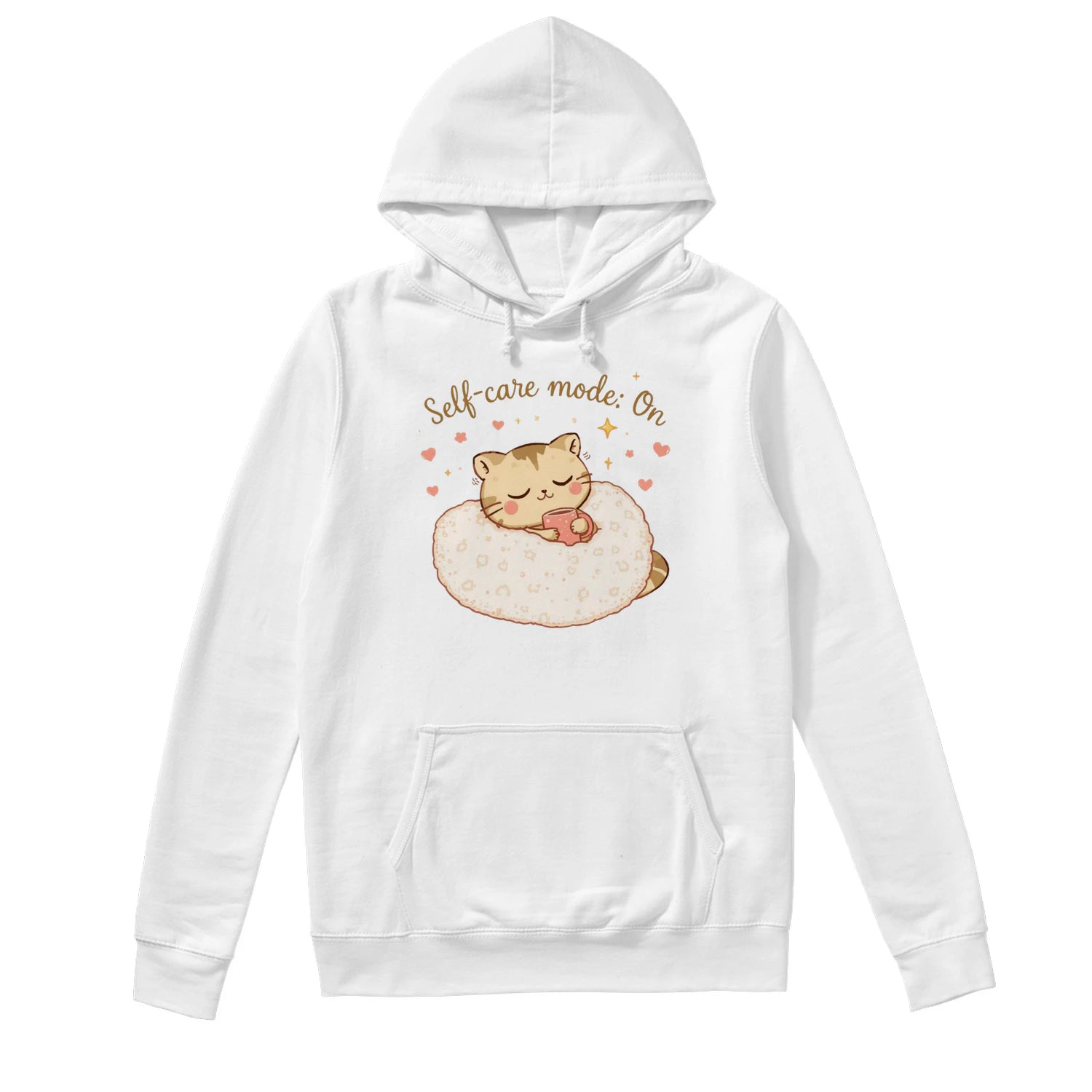 Self-Care Mode On Hoodie – Cute Cat & Coffee Cozy Sweatshirt by Stitrix.