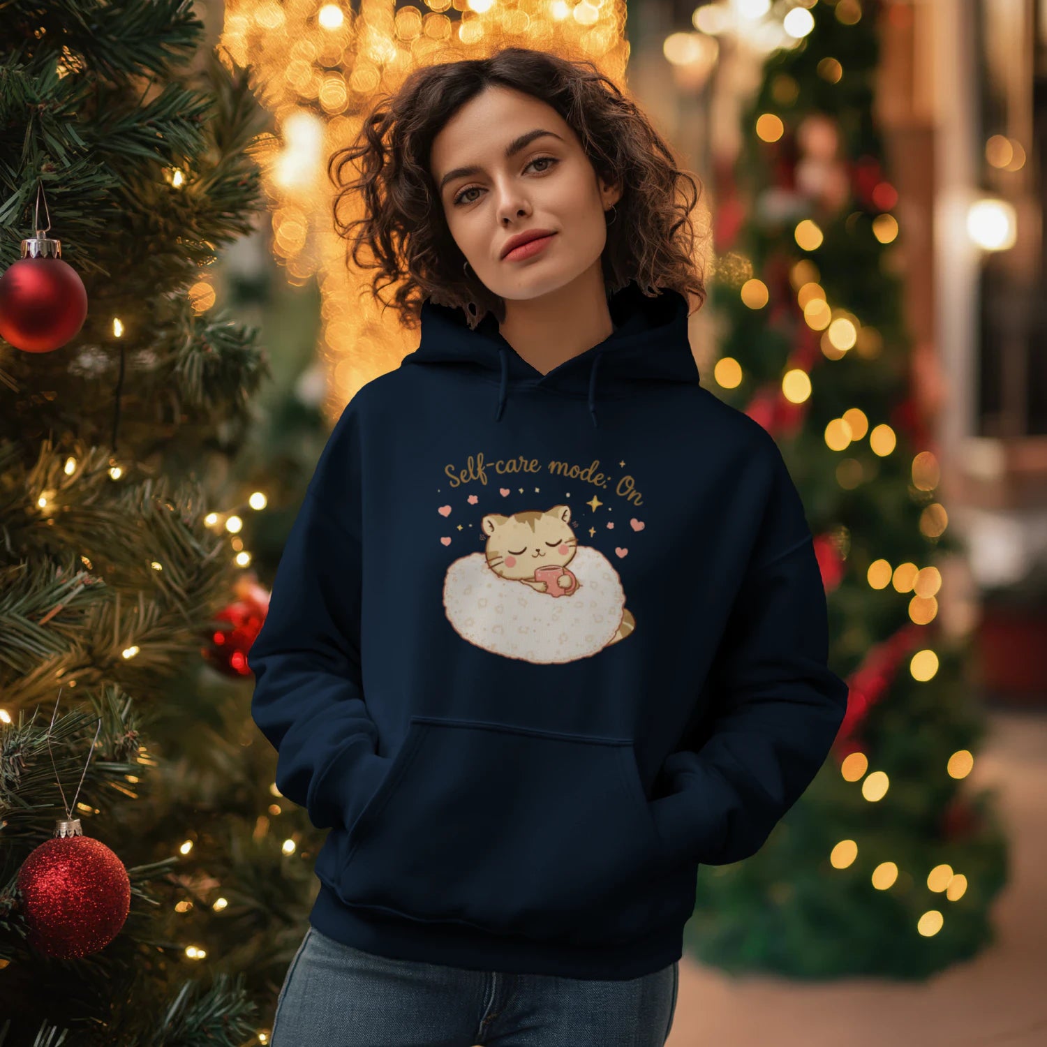 Self-Care Mode On Hoodie – Cute Cat & Coffee Cozy Sweatshirt by Stitrix.