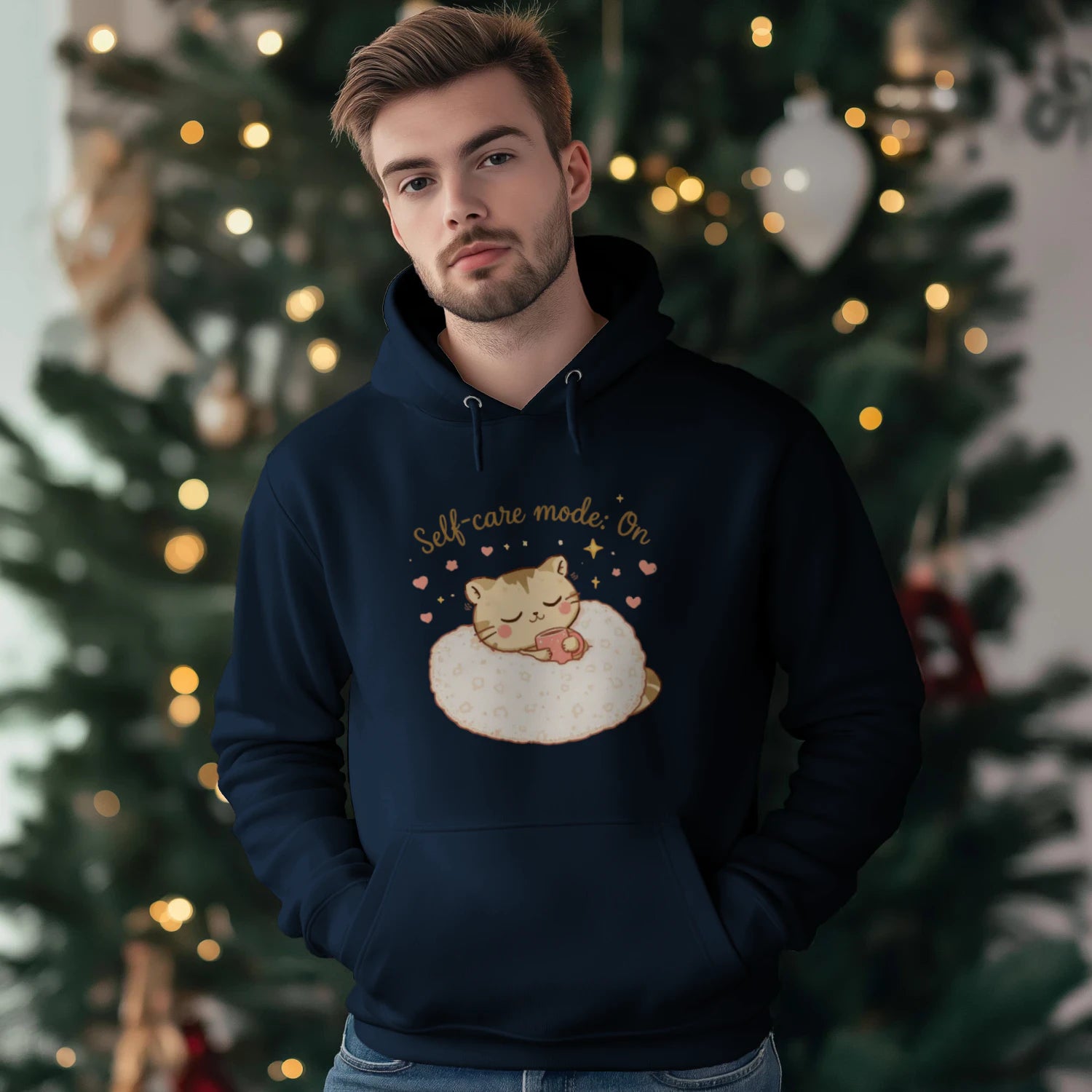 Self-Care Mode On Hoodie – Cute Cat & Coffee Cozy Sweatshirt by Stitrix.