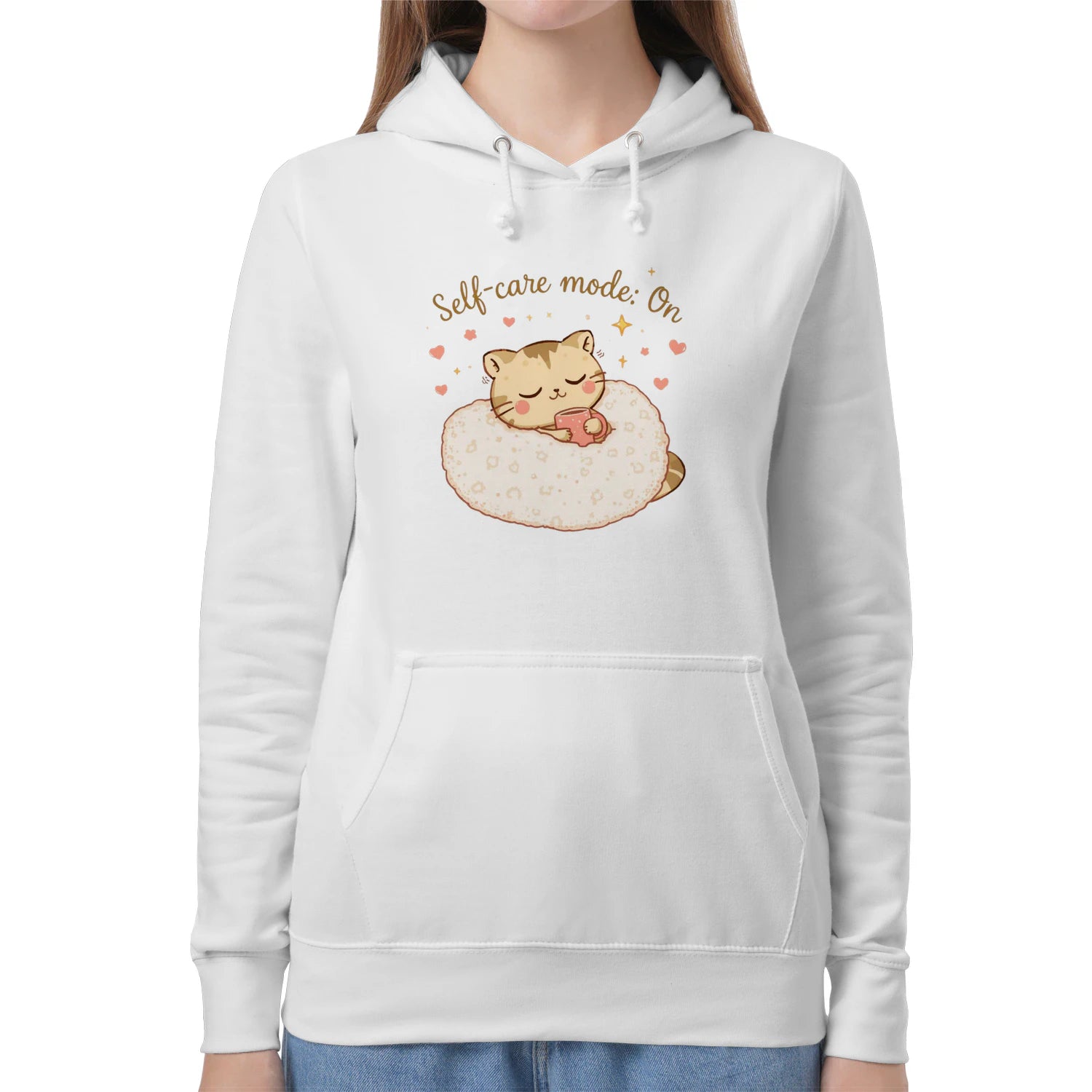 Self-Care Mode On Hoodie – Cute Cat & Coffee Cozy Sweatshirt by Stitrix.