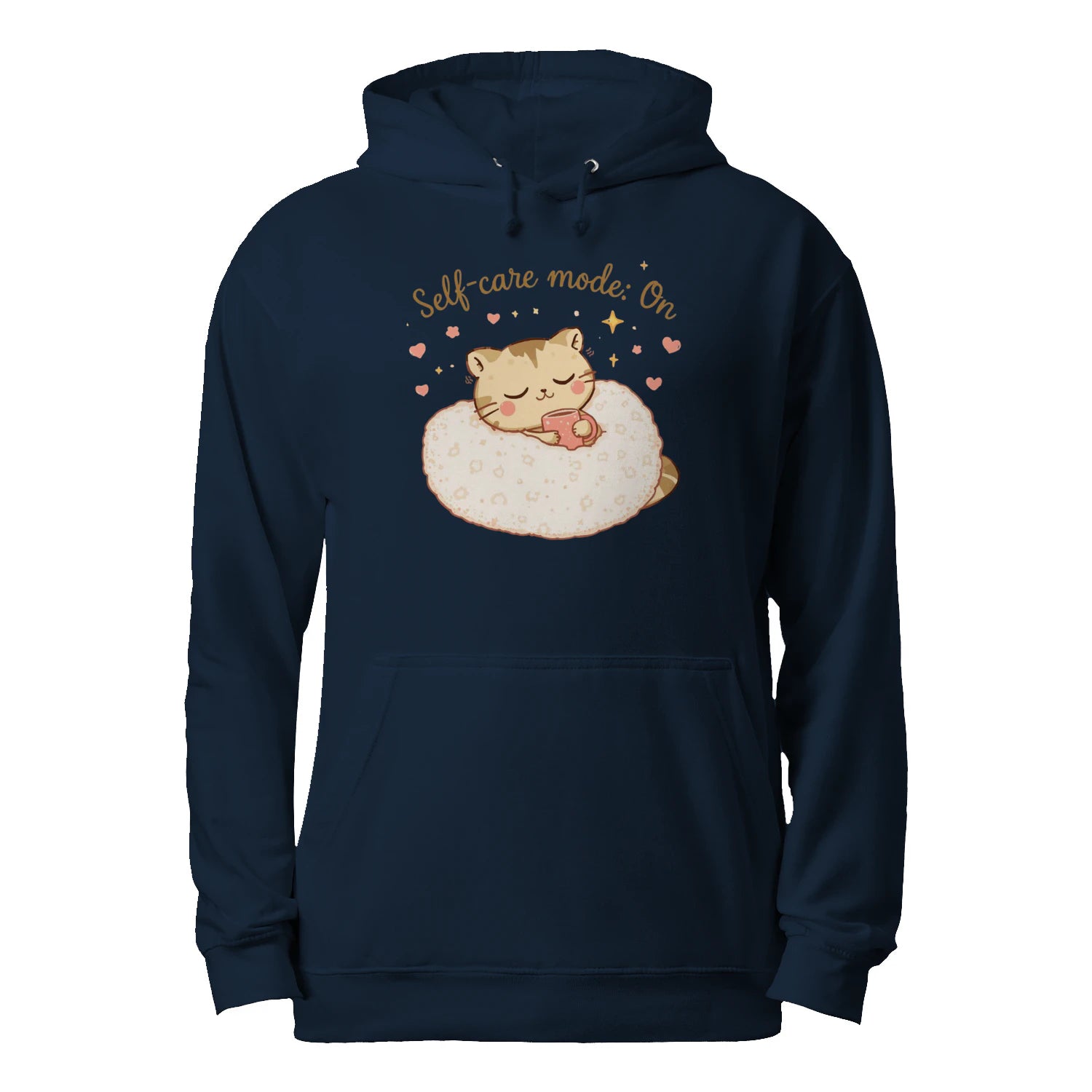 Self-Care Mode On Hoodie – Cute Cat & Coffee Cozy Sweatshirt by Stitrix.