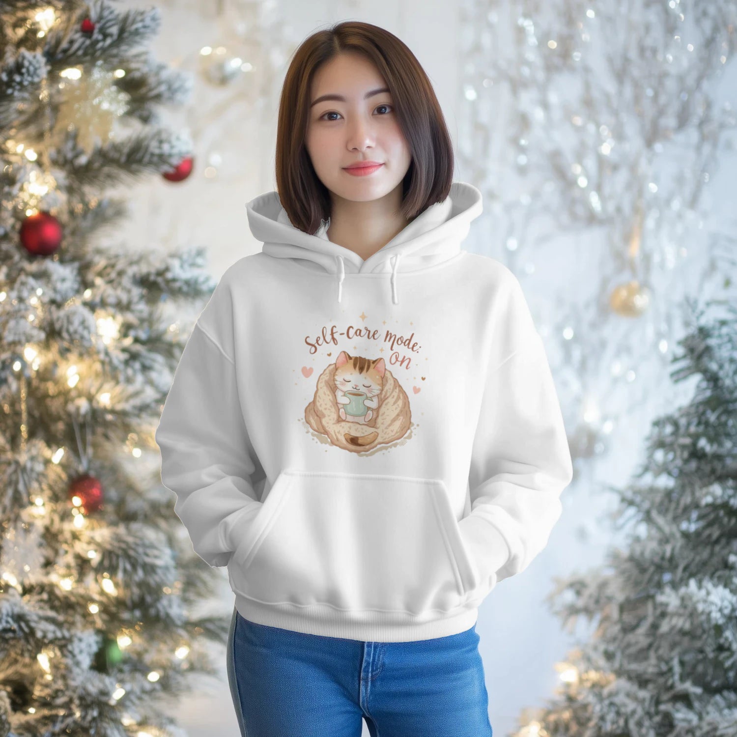 Stitrix Self-Care Hoodie | Cozy Kawaii Cat Illustration.