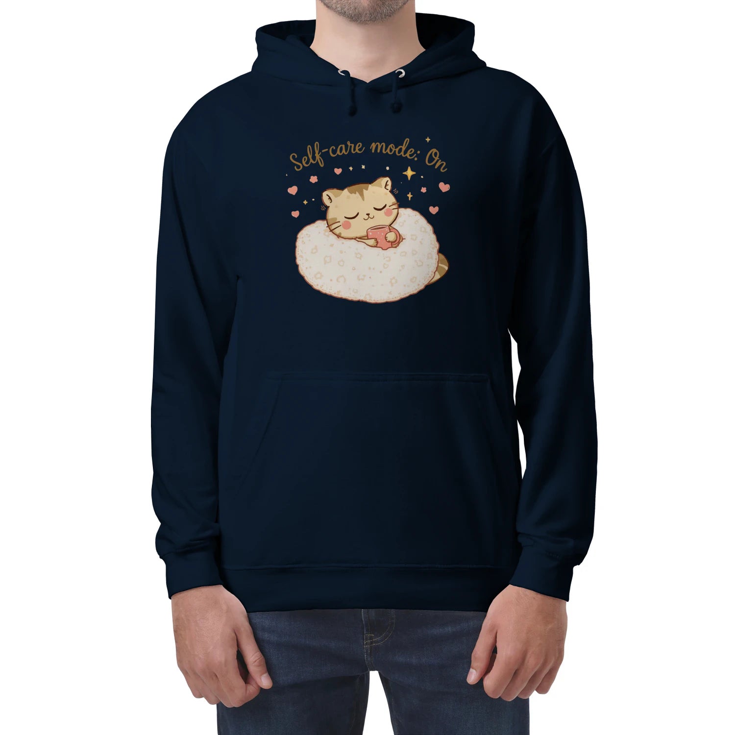 Self-Care Mode On Hoodie – Cute Cat & Coffee Cozy Sweatshirt by Stitrix.