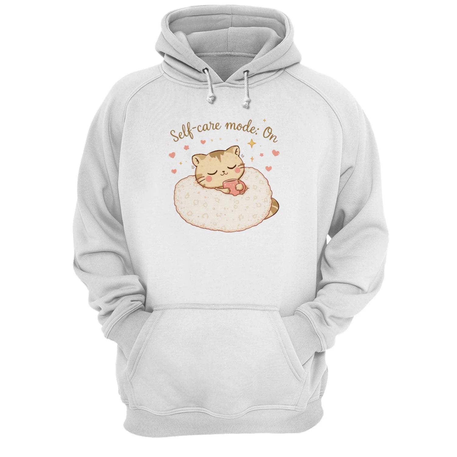 Self-Care Mode On Hoodie – Cute Cat & Coffee Cozy Sweatshirt by Stitrix.