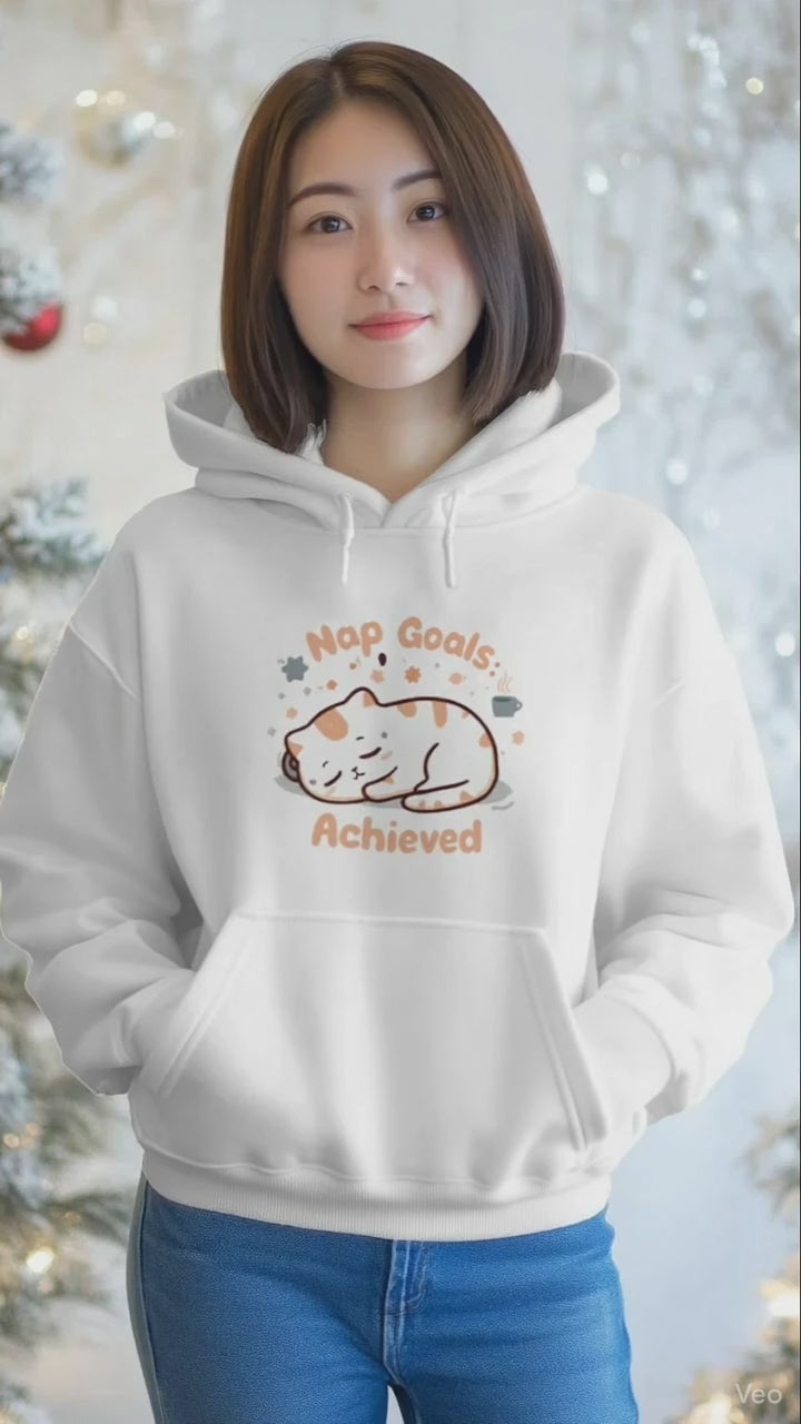Stitrix Cozy Hoodie – “Nap Goals: Achieved” Kawaii Cat Lover Apparel